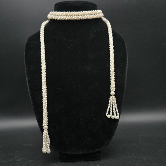 Unknown Jewelry - Vintage Faux Pearl Lariat Necklace Tassel Knotted 50 Inches Long
